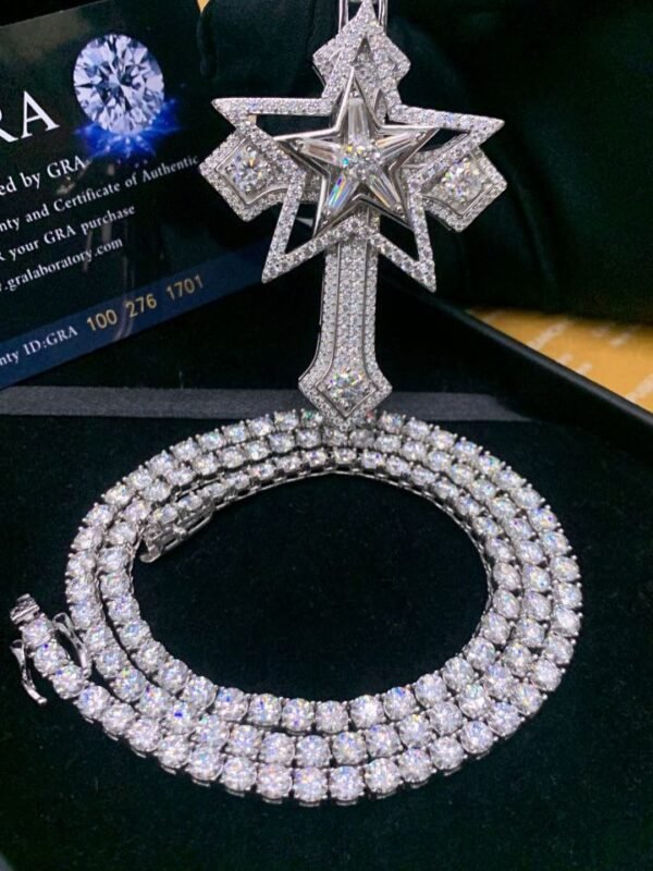Diamond star--cross pendant with tennis chain necklace